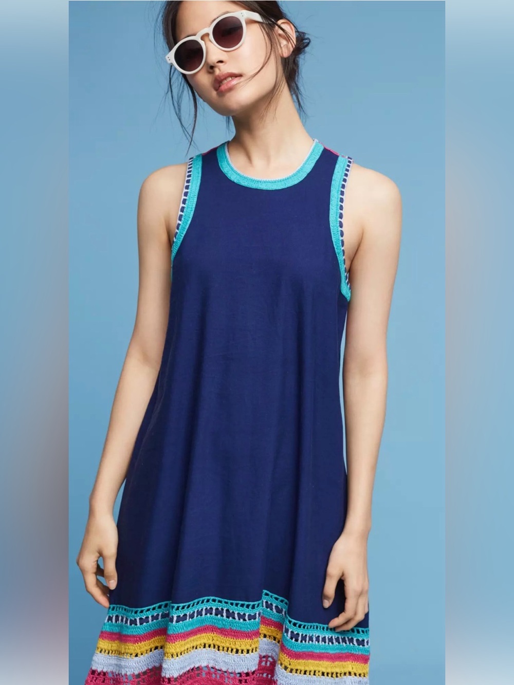 Anthropologie‎ Navy Midi Dress with Multicolor Crochet Trim